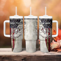 Personalized Distressed American Flag Bass Fishing Tumbler With Handle Hooked Fish and Rustic Vintage Theme - Wonder Print Shop