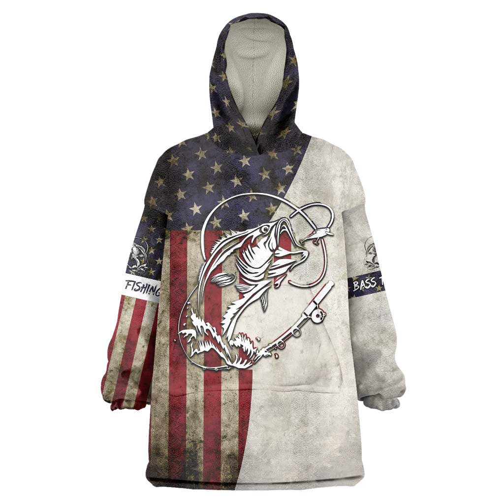 Personalized Distressed American Flag Bass Fishing Wearable Blanket Hoodie Hooked Fish and Rustic Vintage Theme - Wonder Print Shop
