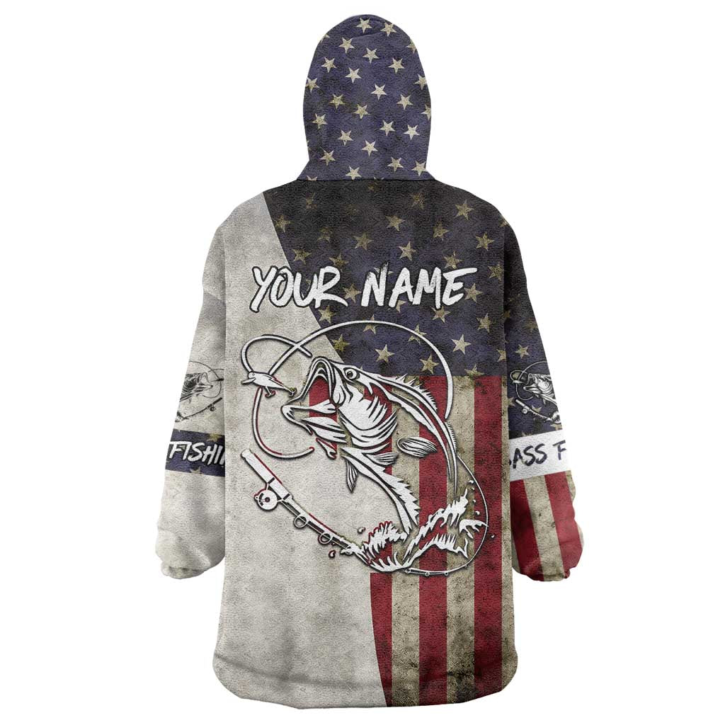 Personalized Distressed American Flag Bass Fishing Wearable Blanket Hoodie Hooked Fish and Rustic Vintage Theme - Wonder Print Shop