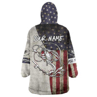 Personalized Distressed American Flag Bass Fishing Wearable Blanket Hoodie Hooked Fish and Rustic Vintage Theme - Wonder Print Shop