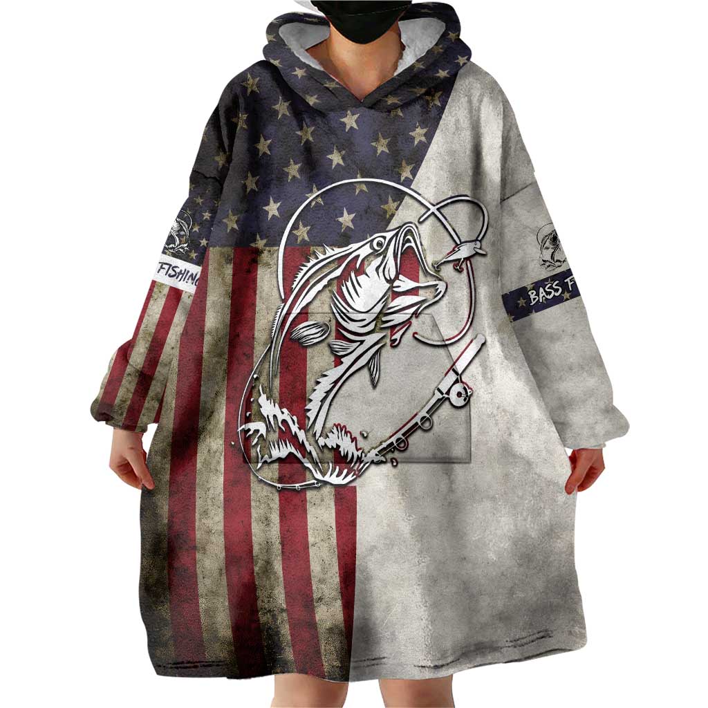Personalized Distressed American Flag Bass Fishing Wearable Blanket Hoodie Hooked Fish and Rustic Vintage Theme - Wonder Print Shop