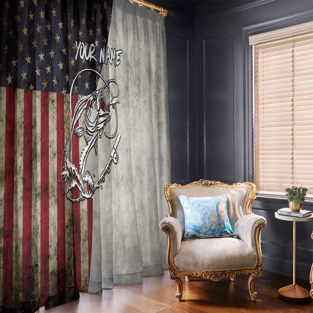 Personalized Distressed American Flag Bass Fishing Window Curtain Hooked Fish and Rustic Vintage Theme - Wonder Print Shop