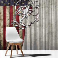 Personalized Distressed American Flag Bass Fishing Window Curtain Hooked Fish and Rustic Vintage Theme - Wonder Print Shop
