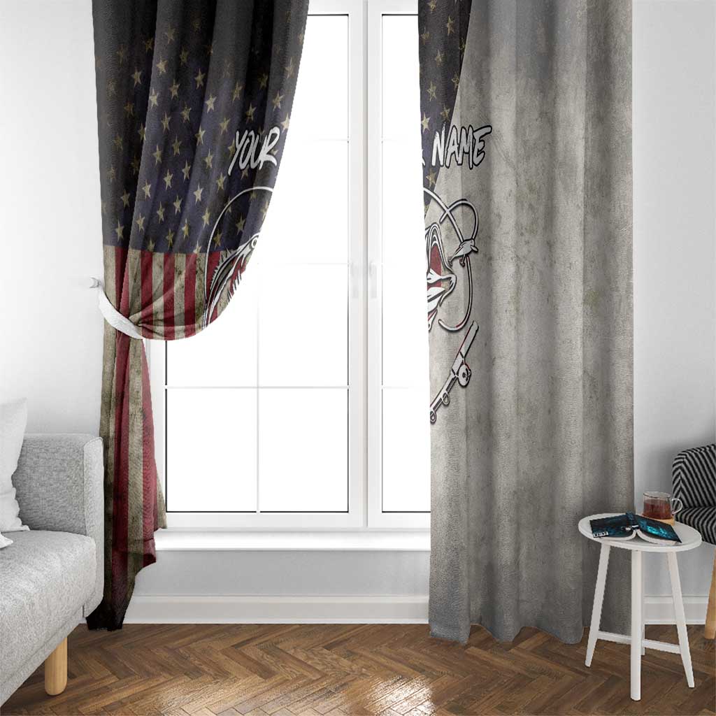 Personalized Distressed American Flag Bass Fishing Window Curtain Hooked Fish and Rustic Vintage Theme - Wonder Print Shop
