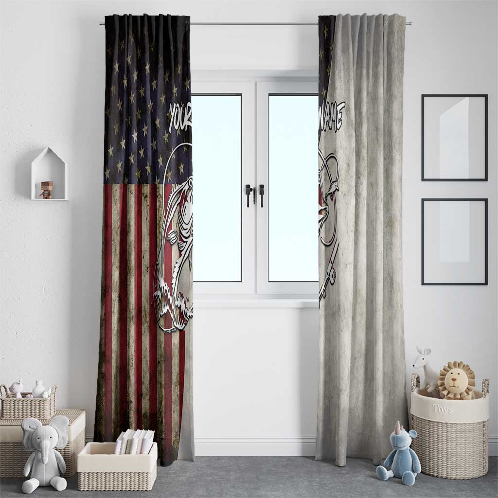 Personalized Distressed American Flag Bass Fishing Window Curtain Hooked Fish and Rustic Vintage Theme - Wonder Print Shop
