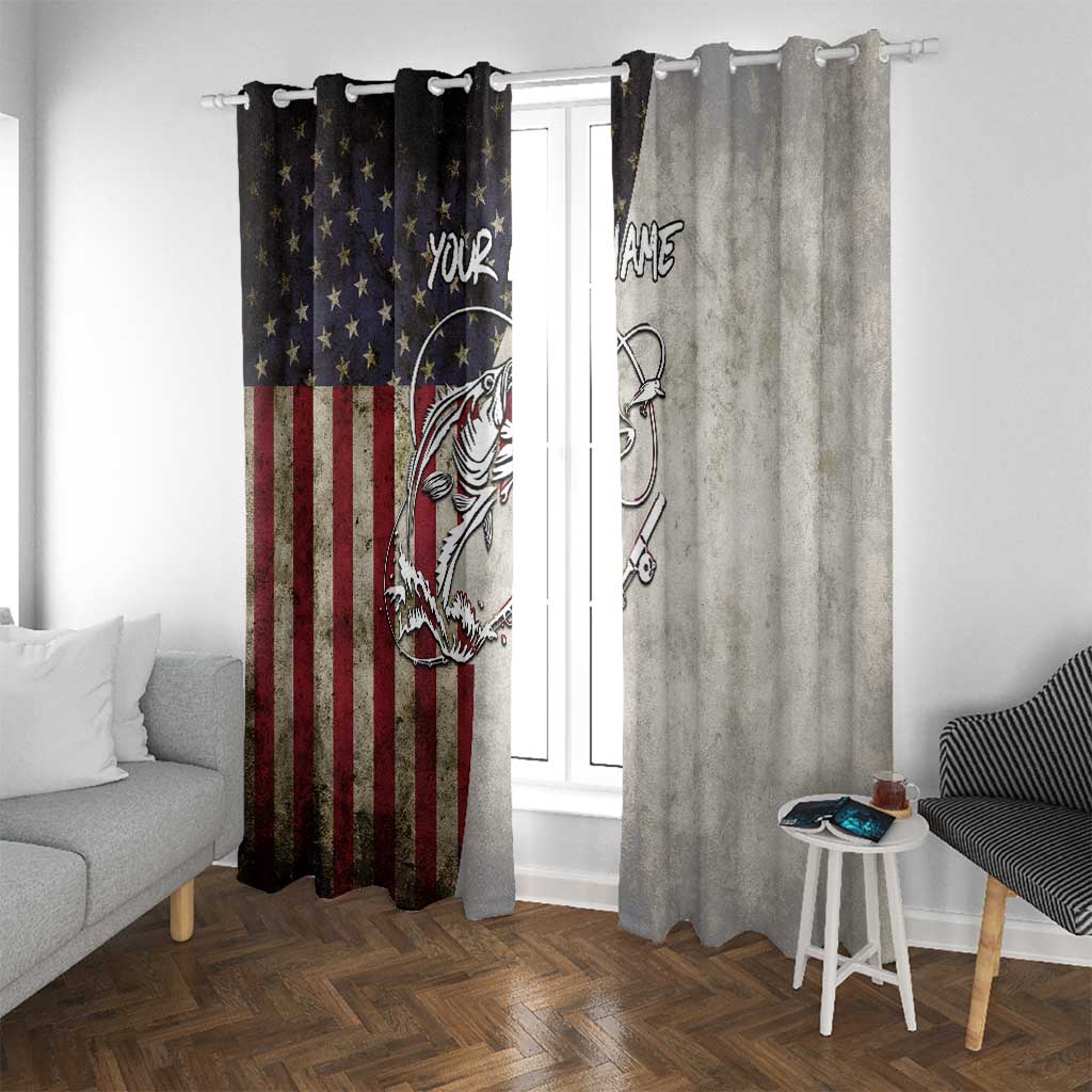 Personalized Distressed American Flag Bass Fishing Window Curtain Hooked Fish and Rustic Vintage Theme - Wonder Print Shop