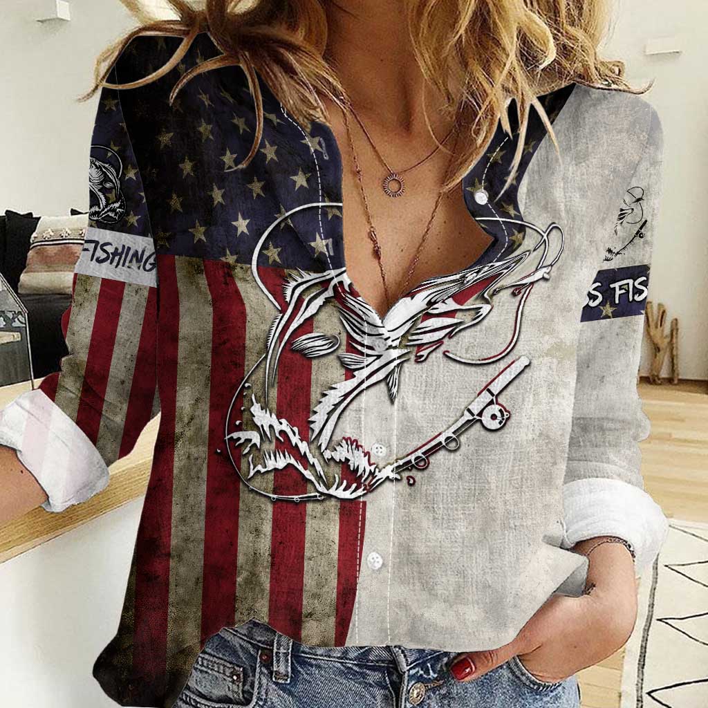 Personalized Distressed American Flag Bass Fishing Women Casual Shirt Hooked Fish and Rustic Vintage Theme - Wonder Print Shop
