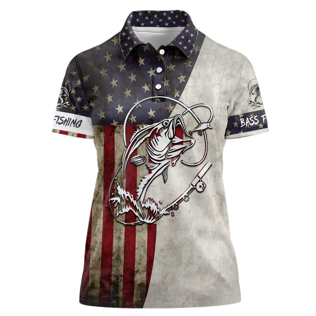 Personalized Distressed American Flag Bass Fishing Women Polo Shirt Hooked Fish and Rustic Vintage Theme - Wonder Print Shop