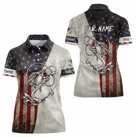 Personalized Distressed American Flag Bass Fishing Women Polo Shirt Hooked Fish and Rustic Vintage Theme - Wonder Print Shop