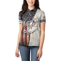 Personalized Distressed American Flag Bass Fishing Women Polo Shirt Hooked Fish and Rustic Vintage Theme - Wonder Print Shop