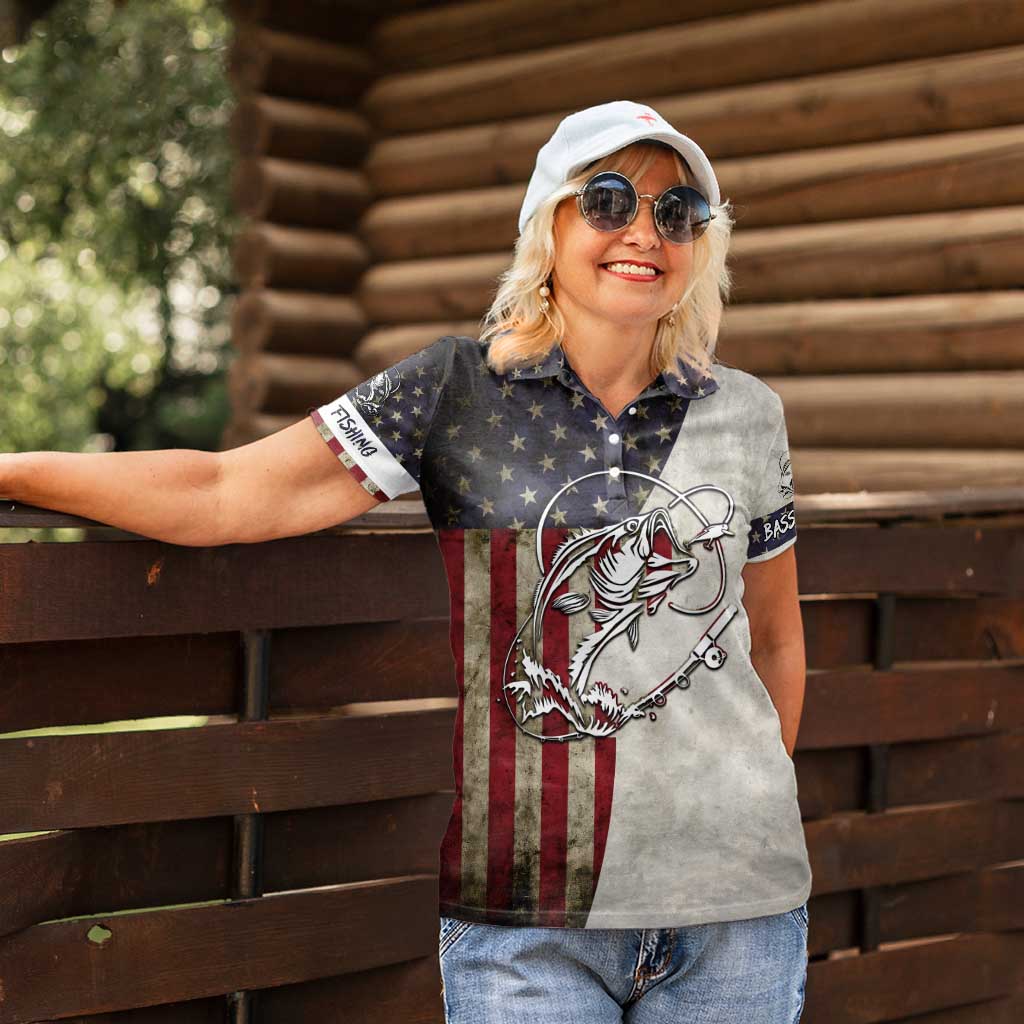 Personalized Distressed American Flag Bass Fishing Women Polo Shirt Hooked Fish and Rustic Vintage Theme - Wonder Print Shop