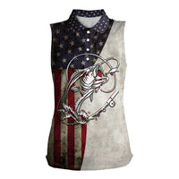 Personalized Distressed American Flag Bass Fishing Women Sleeveless Polo Shirt Hooked Fish and Rustic Vintage Theme - Wonder Print Shop