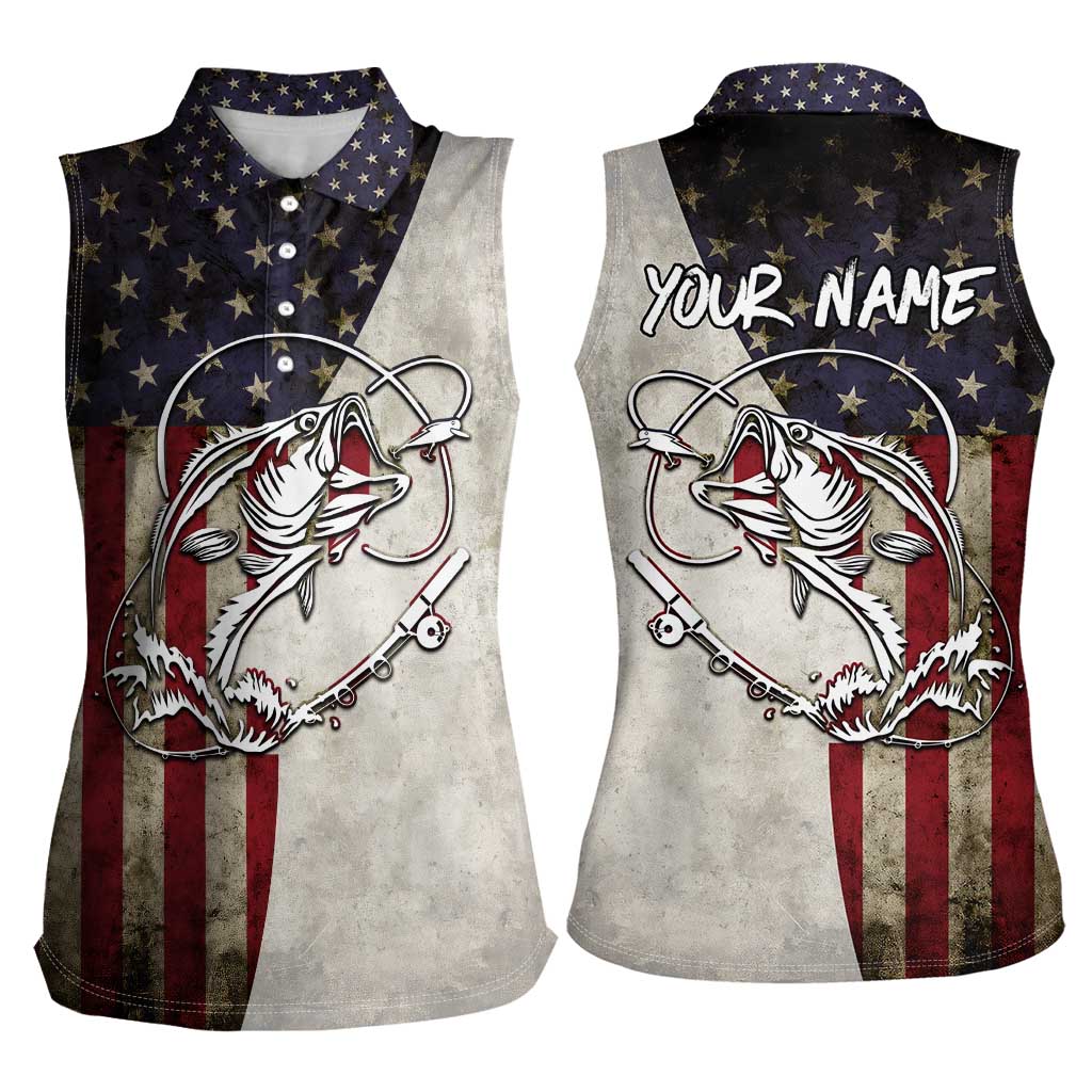 Personalized Distressed American Flag Bass Fishing Women Sleeveless Polo Shirt Hooked Fish and Rustic Vintage Theme - Wonder Print Shop