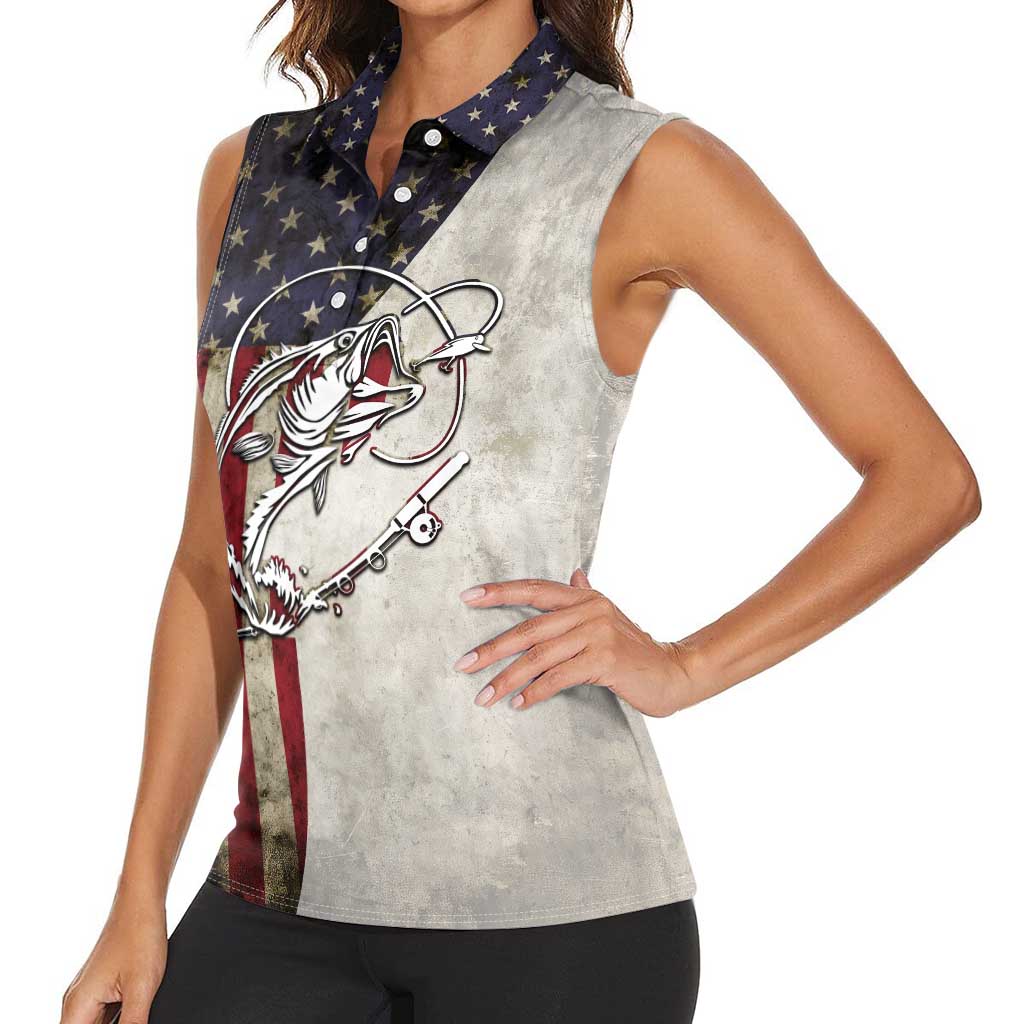 Personalized Distressed American Flag Bass Fishing Women Sleeveless Polo Shirt Hooked Fish and Rustic Vintage Theme - Wonder Print Shop