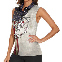 Personalized Distressed American Flag Bass Fishing Women Sleeveless Polo Shirt Hooked Fish and Rustic Vintage Theme - Wonder Print Shop