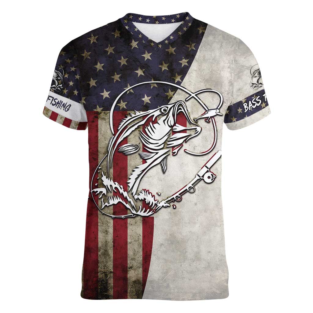 Personalized Distressed American Flag Bass Fishing Women V-Neck T-Shirt Hooked Fish and Rustic Vintage Theme - Wonder Print Shop