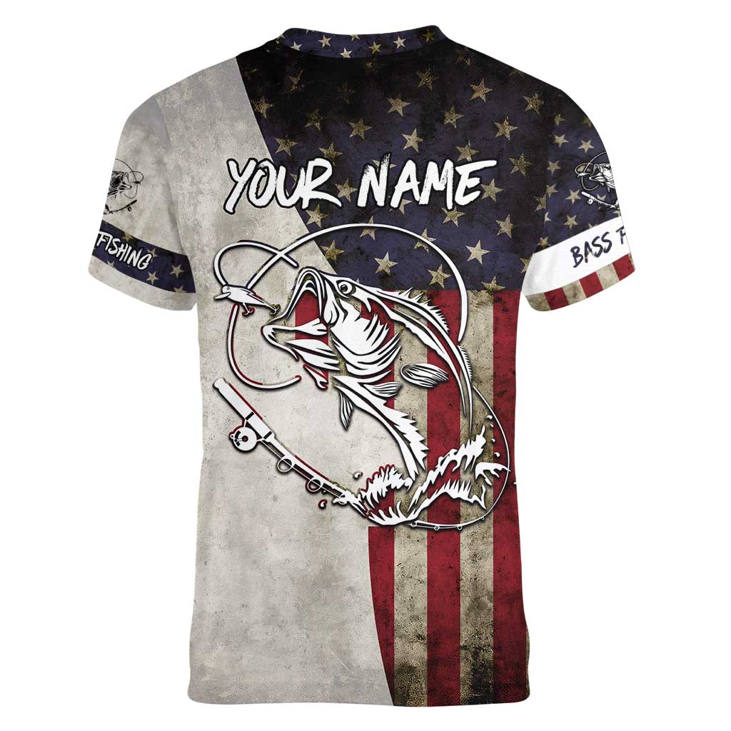 Personalized Distressed American Flag Bass Fishing Women V-Neck T-Shirt Hooked Fish and Rustic Vintage Theme - Wonder Print Shop