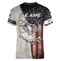 Personalized Distressed American Flag Bass Fishing Women V-Neck T-Shirt Hooked Fish and Rustic Vintage Theme - Wonder Print Shop
