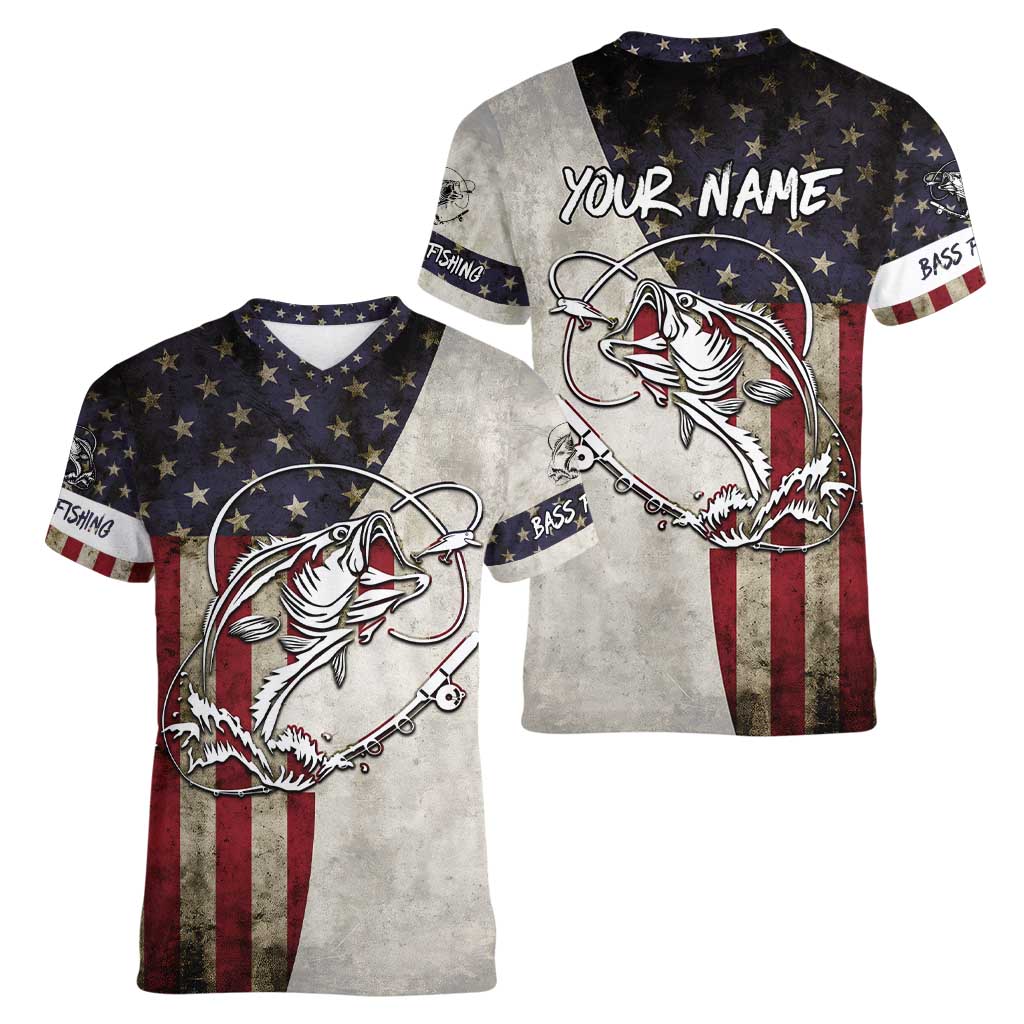 Personalized Distressed American Flag Bass Fishing Women V-Neck T-Shirt Hooked Fish and Rustic Vintage Theme - Wonder Print Shop