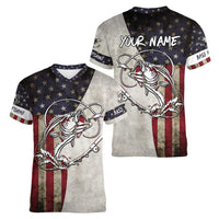 Personalized Distressed American Flag Bass Fishing Women V-Neck T-Shirt Hooked Fish and Rustic Vintage Theme - Wonder Print Shop