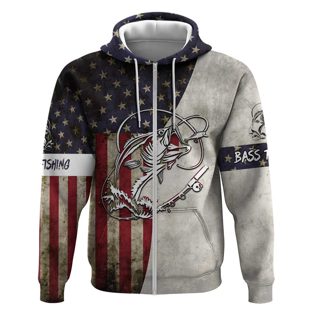 Personalized Distressed American Flag Bass Fishing Zip Hoodie Hooked Fish and Rustic Vintage Theme - Wonder Print Shop