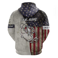 Personalized Distressed American Flag Bass Fishing Zip Hoodie Hooked Fish and Rustic Vintage Theme - Wonder Print Shop