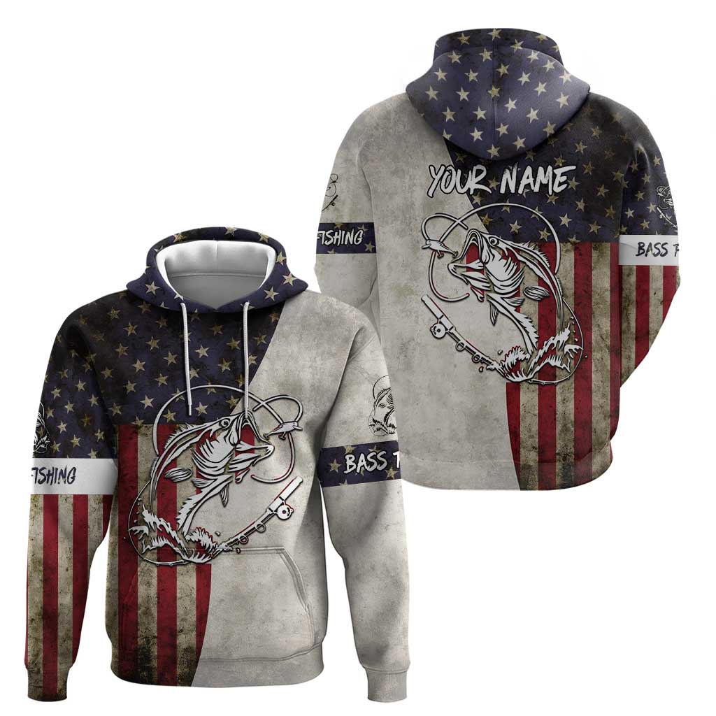 Personalized Distressed American Flag Bass Fishing Zip Hoodie Hooked Fish and Rustic Vintage Theme - Wonder Print Shop