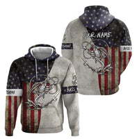 Personalized Distressed American Flag Bass Fishing Zip Hoodie Hooked Fish and Rustic Vintage Theme - Wonder Print Shop