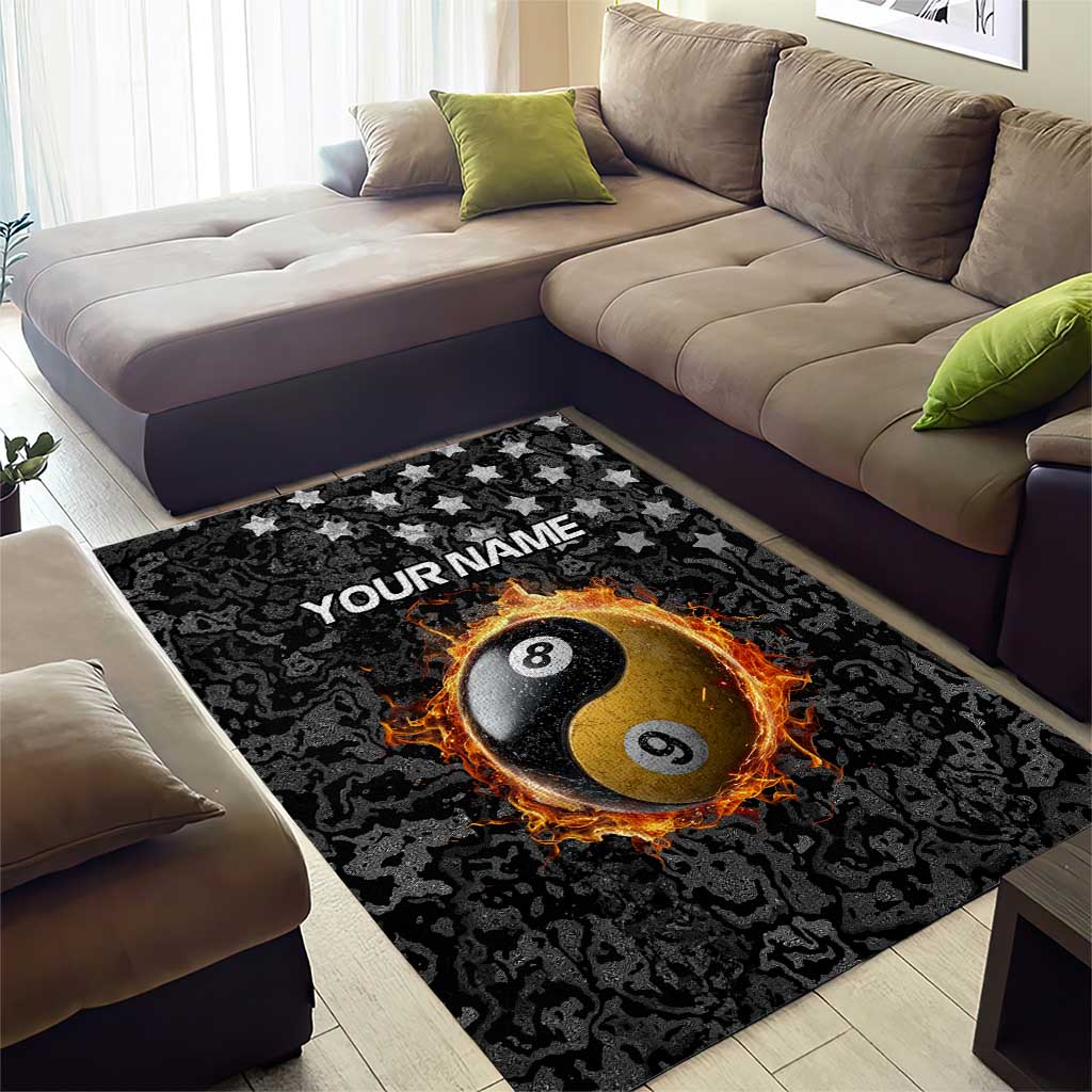 Personalized Yin Yang Billiards Area Rug 8 Ball and 9 Ball in Fiery Black Camo Pattern - Wonder Print Shop
