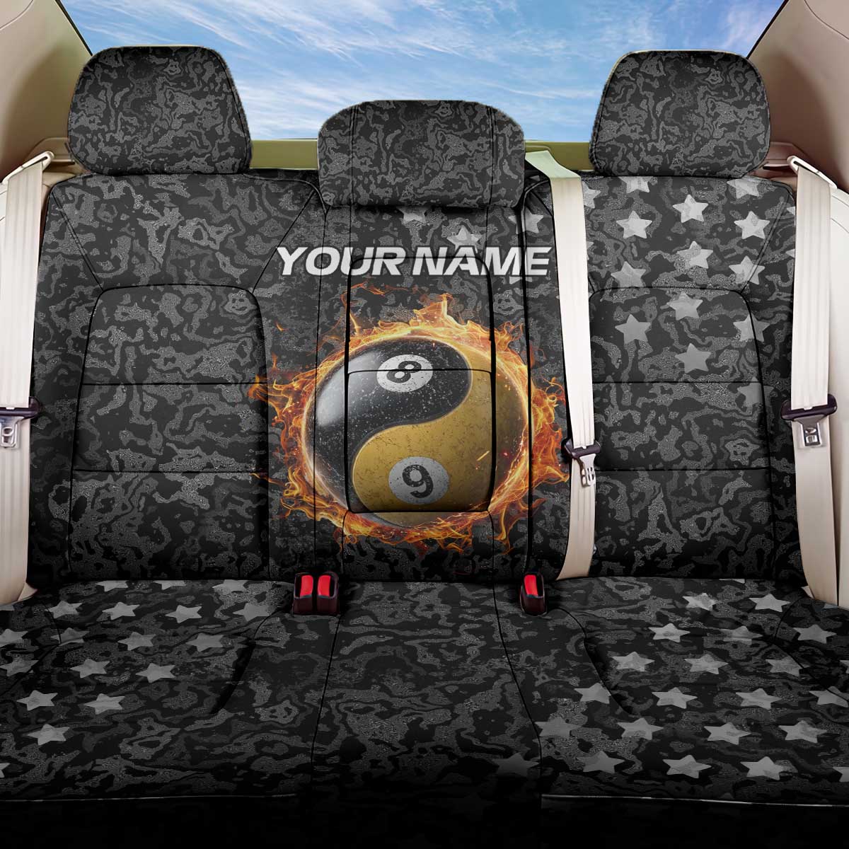Personalized Yin Yang Billiards Back Car Seat Cover 8 Ball and 9 Ball in Fiery Black Camo Pattern - Wonder Print Shop