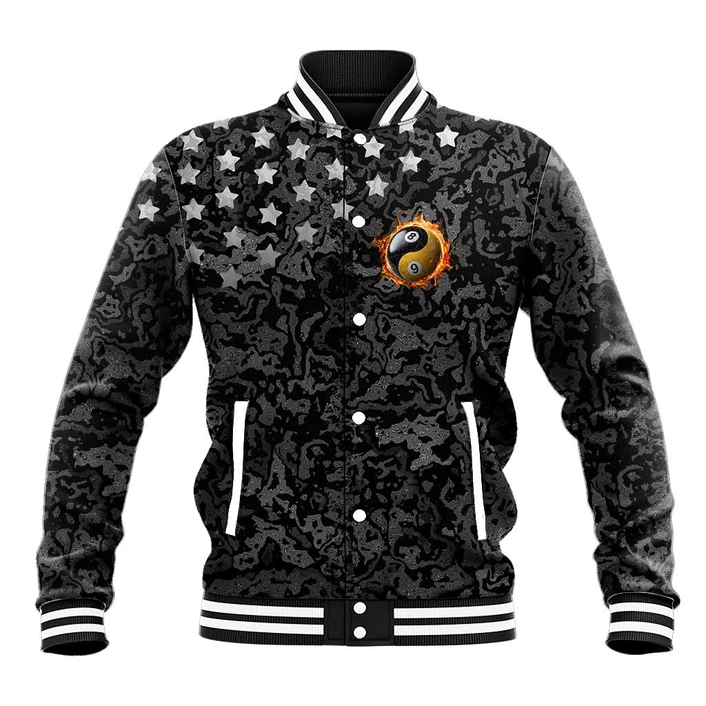 Personalized Yin Yang Billiards Baseball Jacket 8 Ball and 9 Ball in Fiery Black Camo Pattern - Wonder Print Shop
