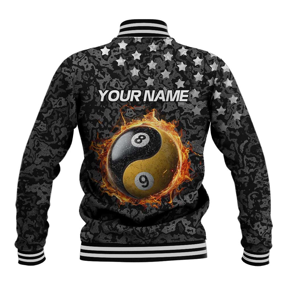Personalized Yin Yang Billiards Baseball Jacket 8 Ball and 9 Ball in Fiery Black Camo Pattern - Wonder Print Shop