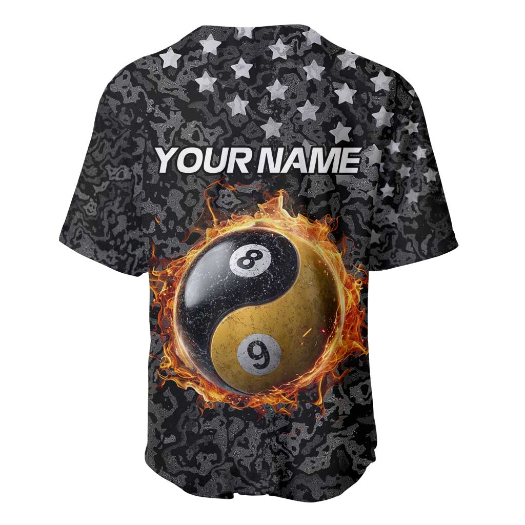 Personalized Yin Yang Billiards Baseball Jersey 8 Ball and 9 Ball in Fiery Black Camo Pattern - Wonder Print Shop