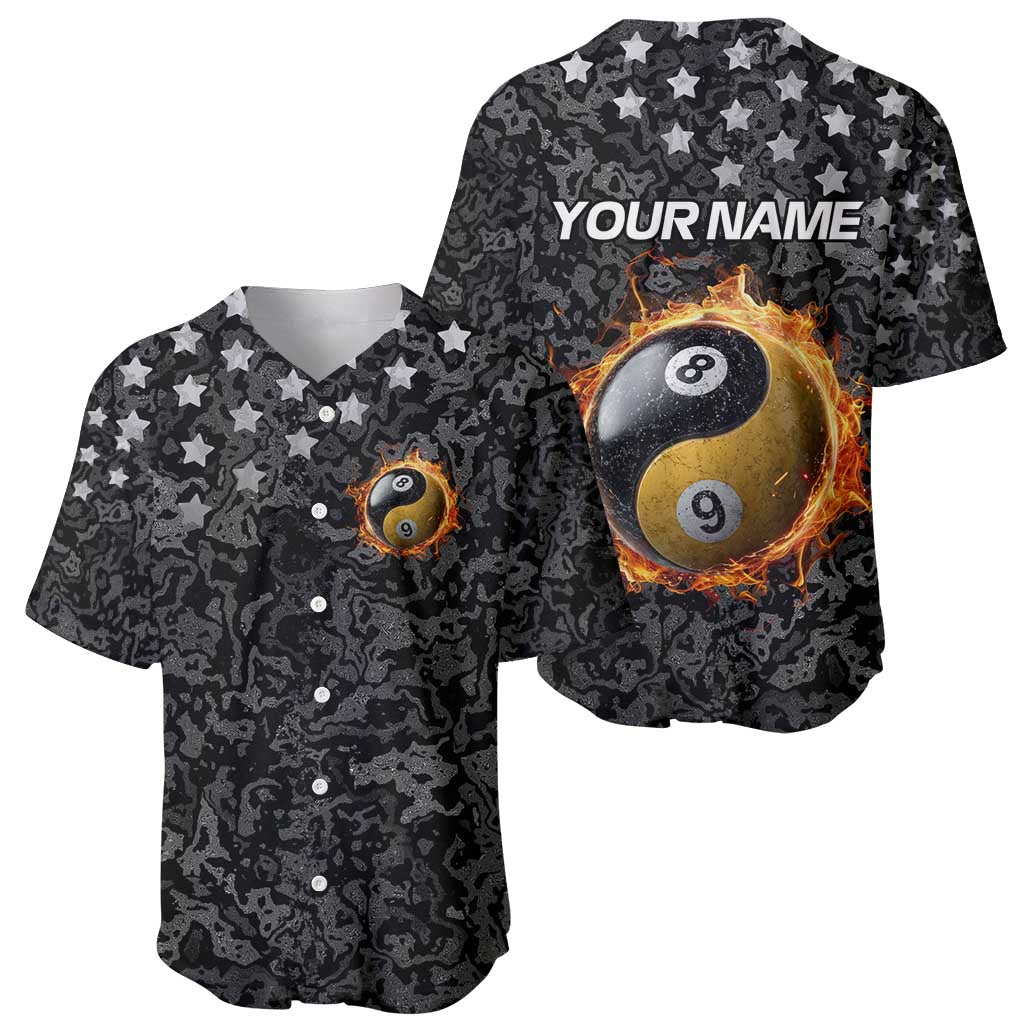 Personalized Yin Yang Billiards Baseball Jersey 8 Ball and 9 Ball in Fiery Black Camo Pattern - Wonder Print Shop