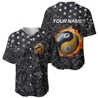 Personalized Yin Yang Billiards Baseball Jersey 8 Ball and 9 Ball in Fiery Black Camo Pattern - Wonder Print Shop