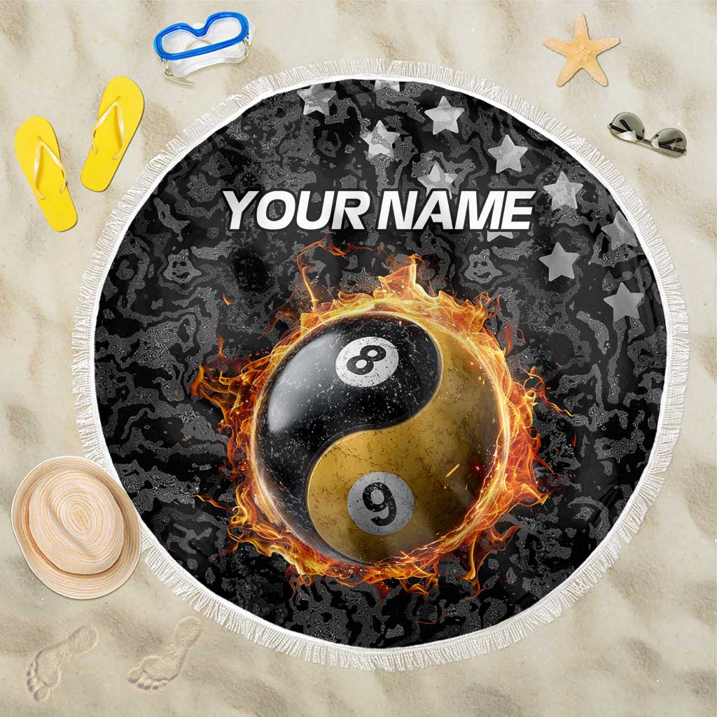 Personalized Yin Yang Billiards Beach Blanket 8 Ball and 9 Ball in Fiery Black Camo Pattern - Wonder Print Shop