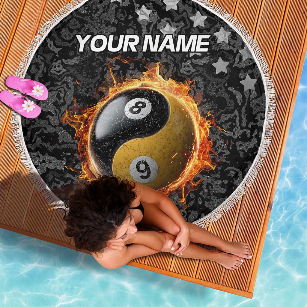 Personalized Yin Yang Billiards Beach Blanket 8 Ball and 9 Ball in Fiery Black Camo Pattern - Wonder Print Shop