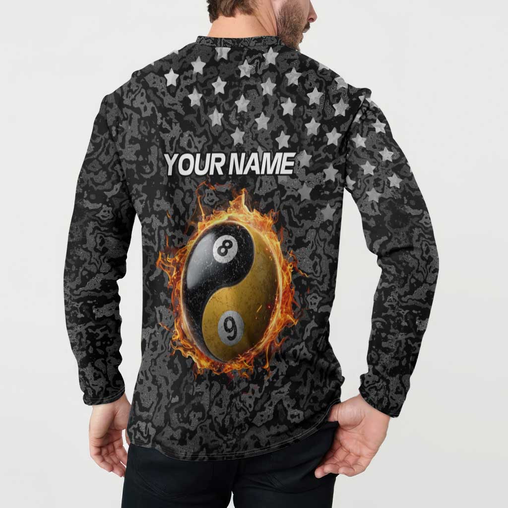 Personalized Yin Yang Billiards Button Sweatshirt 8 Ball and 9 Ball in Fiery Black Camo Pattern - Wonder Print Shop