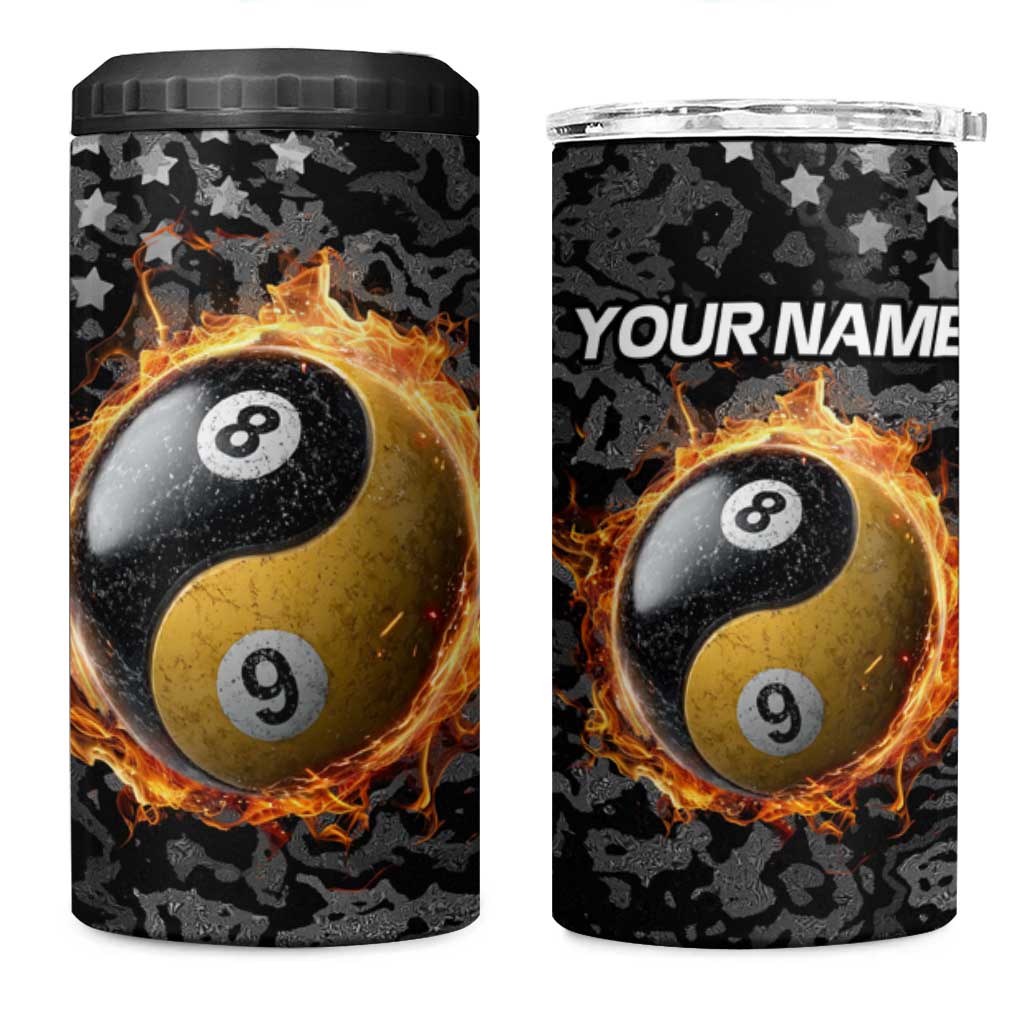 Personalized Yin Yang Billiards 4 in 1 Can Cooler Tumbler 8 Ball and 9 Ball in Fiery Black Camo Pattern - Wonder Print Shop