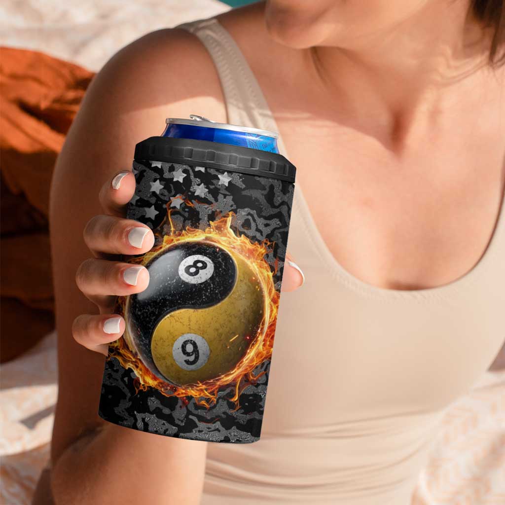 Personalized Yin Yang Billiards 4 in 1 Can Cooler Tumbler 8 Ball and 9 Ball in Fiery Black Camo Pattern - Wonder Print Shop