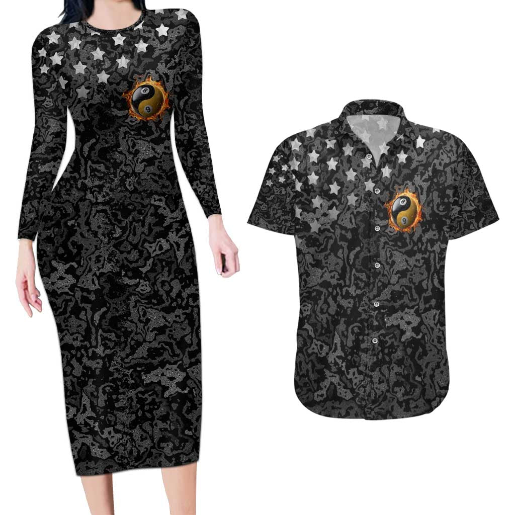Personalized Yin Yang Billiards Couples Matching Long Sleeve Bodycon Dress and Hawaiian Shirt 8 Ball and 9 Ball in Fiery Black Camo Pattern - Wonder Print Shop