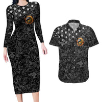 Personalized Yin Yang Billiards Couples Matching Long Sleeve Bodycon Dress and Hawaiian Shirt 8 Ball and 9 Ball in Fiery Black Camo Pattern - Wonder Print Shop