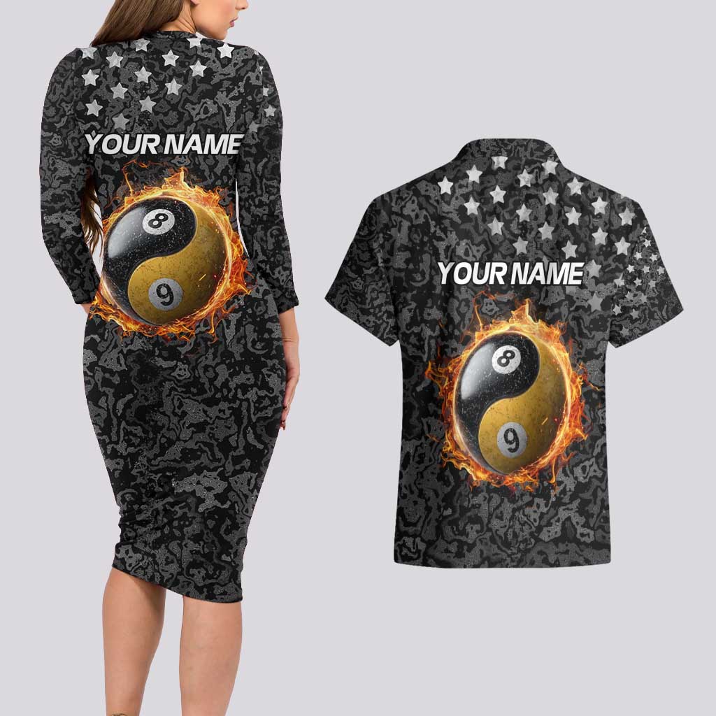 Personalized Yin Yang Billiards Couples Matching Long Sleeve Bodycon Dress and Hawaiian Shirt 8 Ball and 9 Ball in Fiery Black Camo Pattern - Wonder Print Shop