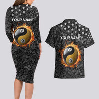 Personalized Yin Yang Billiards Couples Matching Long Sleeve Bodycon Dress and Hawaiian Shirt 8 Ball and 9 Ball in Fiery Black Camo Pattern - Wonder Print Shop