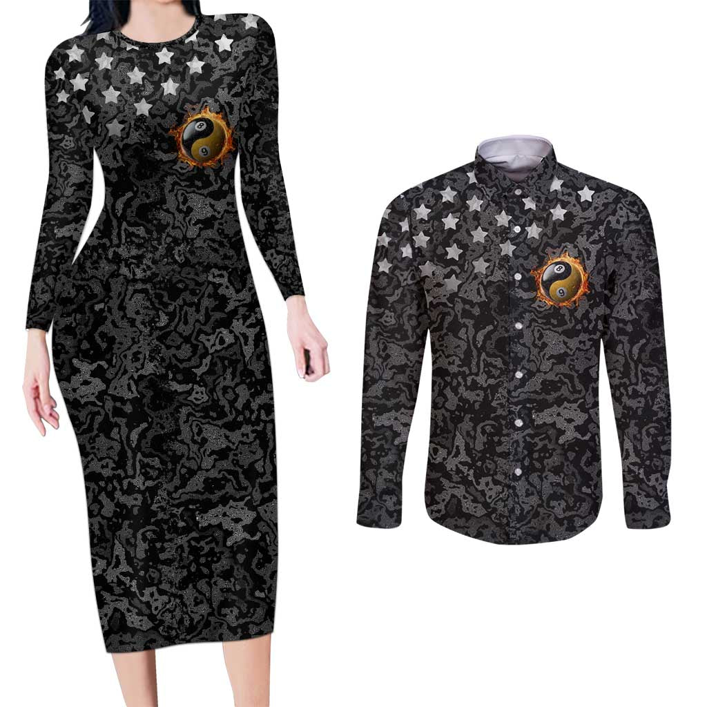Personalized Yin Yang Billiards Couples Matching Long Sleeve Bodycon Dress and Long Sleeve Button Shirt 8 Ball and 9 Ball in Fiery Black Camo Pattern - Wonder Print Shop