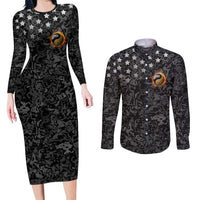 Personalized Yin Yang Billiards Couples Matching Long Sleeve Bodycon Dress and Long Sleeve Button Shirt 8 Ball and 9 Ball in Fiery Black Camo Pattern - Wonder Print Shop
