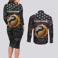 Personalized Yin Yang Billiards Couples Matching Long Sleeve Bodycon Dress and Long Sleeve Button Shirt 8 Ball and 9 Ball in Fiery Black Camo Pattern - Wonder Print Shop