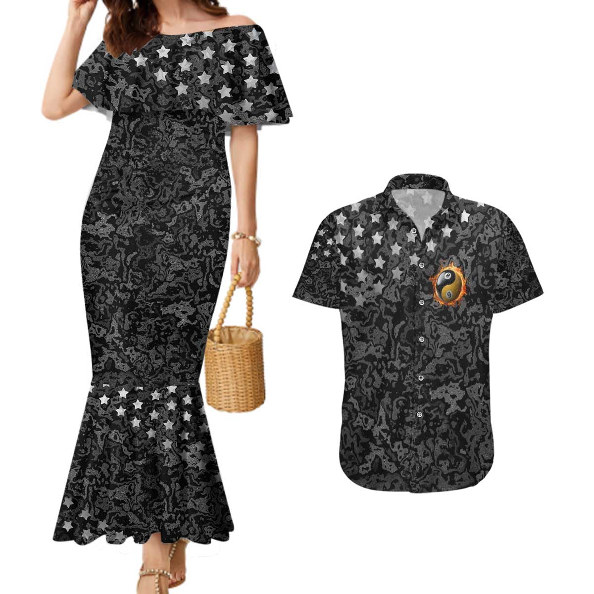 Personalized Yin Yang Billiards Couples Matching Mermaid Dress and Hawaiian Shirt 8 Ball and 9 Ball in Fiery Black Camo Pattern - Wonder Print Shop