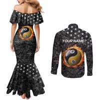 Personalized Yin Yang Billiards Couples Matching Mermaid Dress and Long Sleeve Button Shirt 8 Ball and 9 Ball in Fiery Black Camo Pattern - Wonder Print Shop