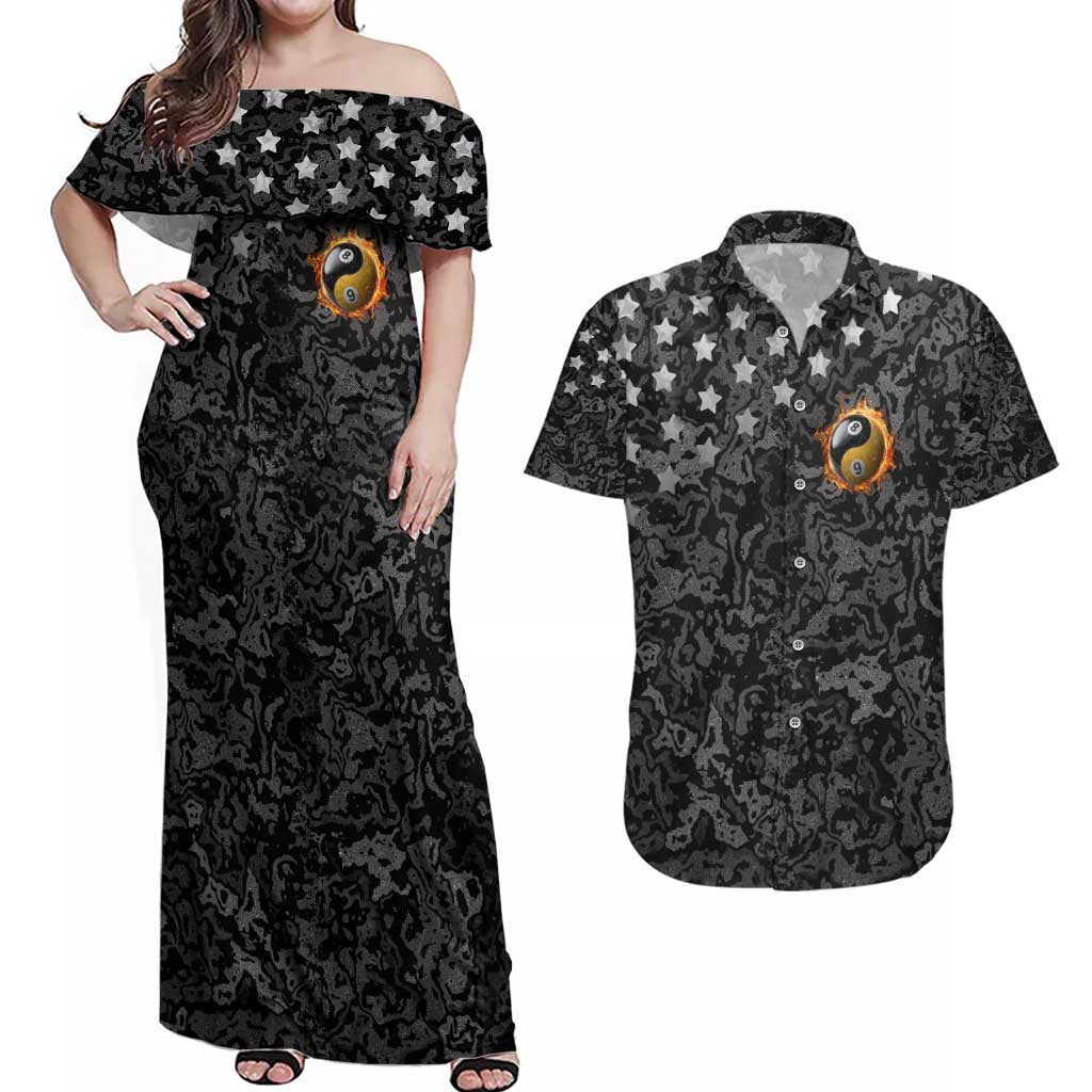 Personalized Yin Yang Billiards Couples Matching Off Shoulder Maxi Dress and Hawaiian Shirt 8 Ball and 9 Ball in Fiery Black Camo Pattern - Wonder Print Shop